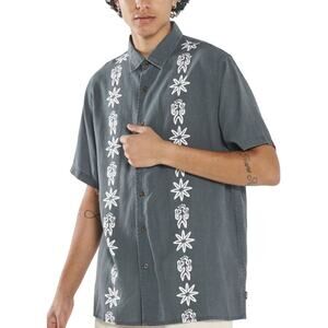 Linen Hawaiian Shirt LARGE Casual Button Down Resort Dark Green Thrills $100 NEW